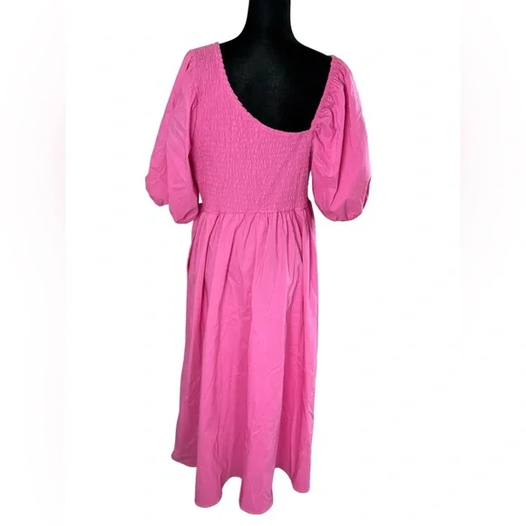 Eloquii Vibrant Barbie Pink Smocked Asymmetric Neck Maxi Dress - Picture 12 of 16